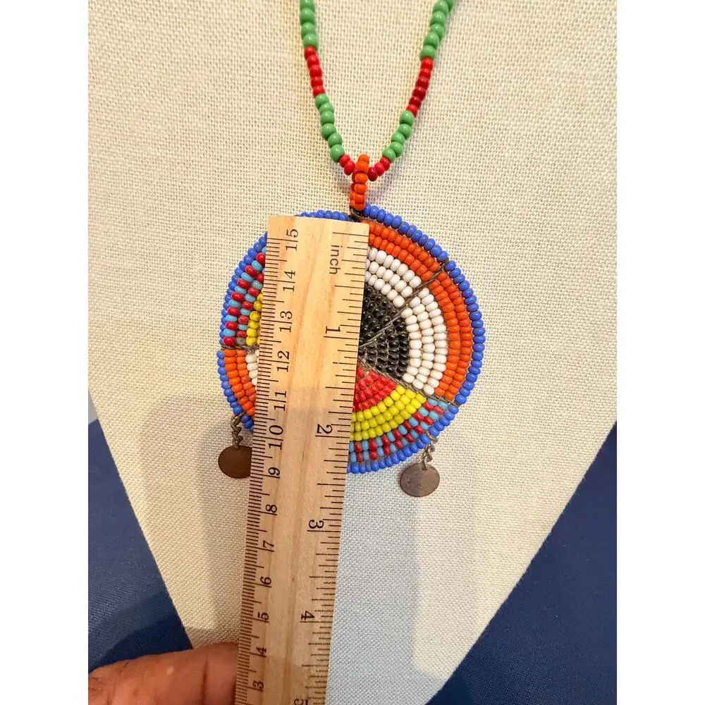 Vintage Handmade Beaded Tribal inspired  Pendant Necklace 26”